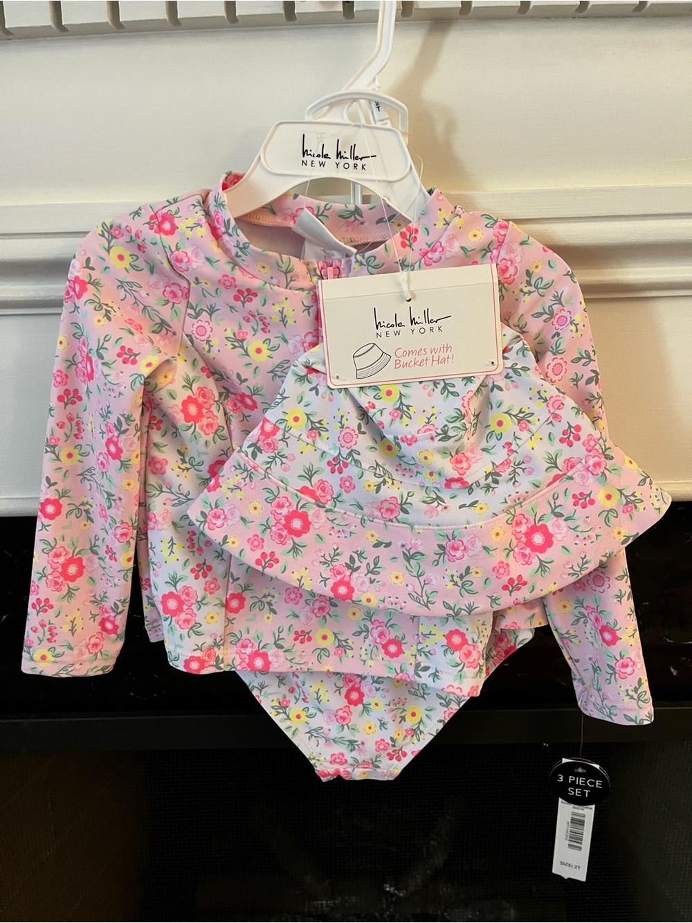 Nicole Miller Girls Pink Floral Rashguard Set with Bucket Hat